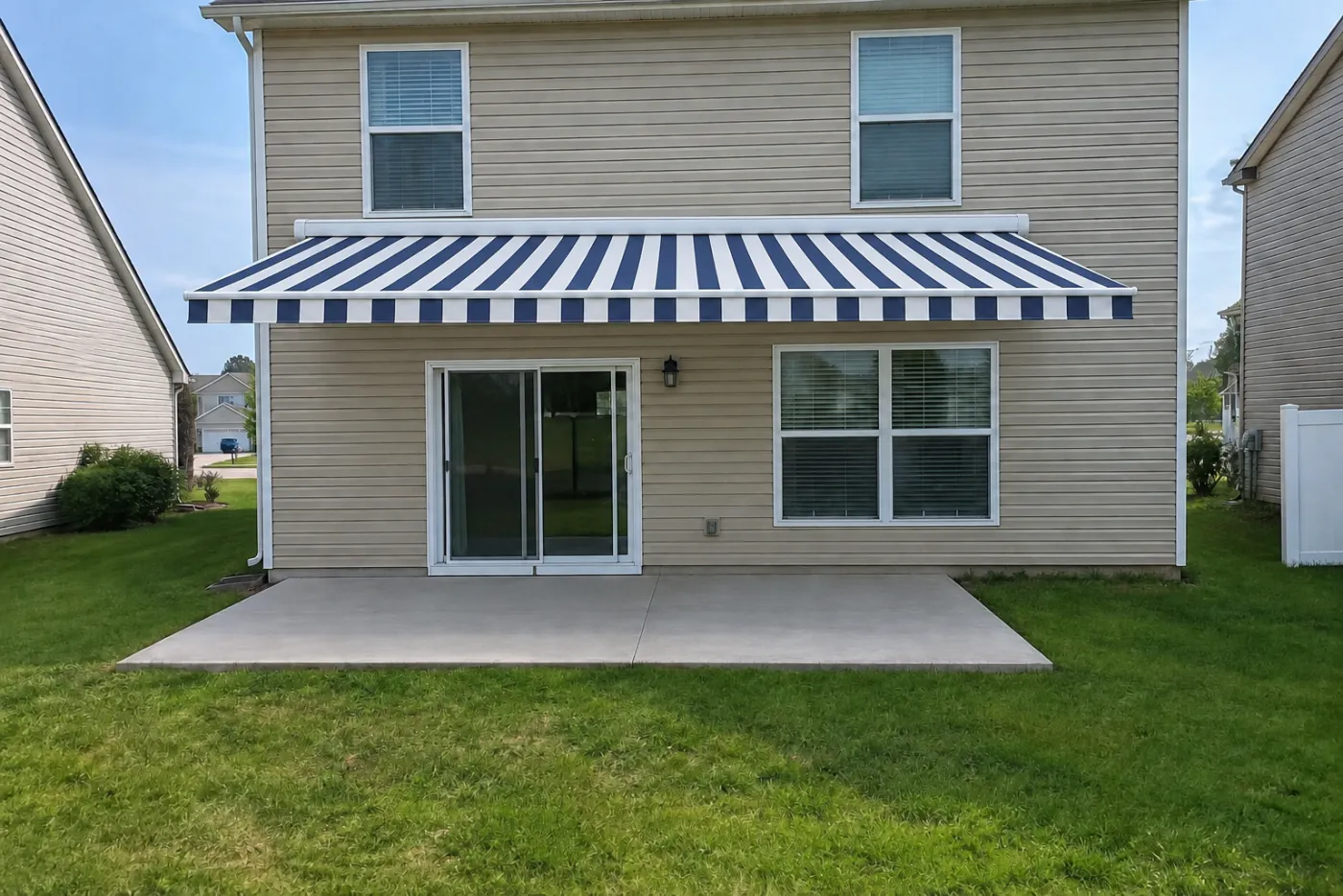 A navy and white striped retractable awning rendered over a homeowner's patio