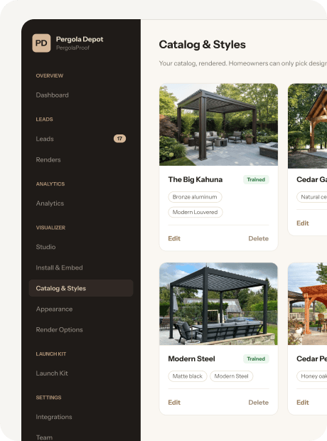 The Pergola Proof dashboard showing a contractor's catalog and styles