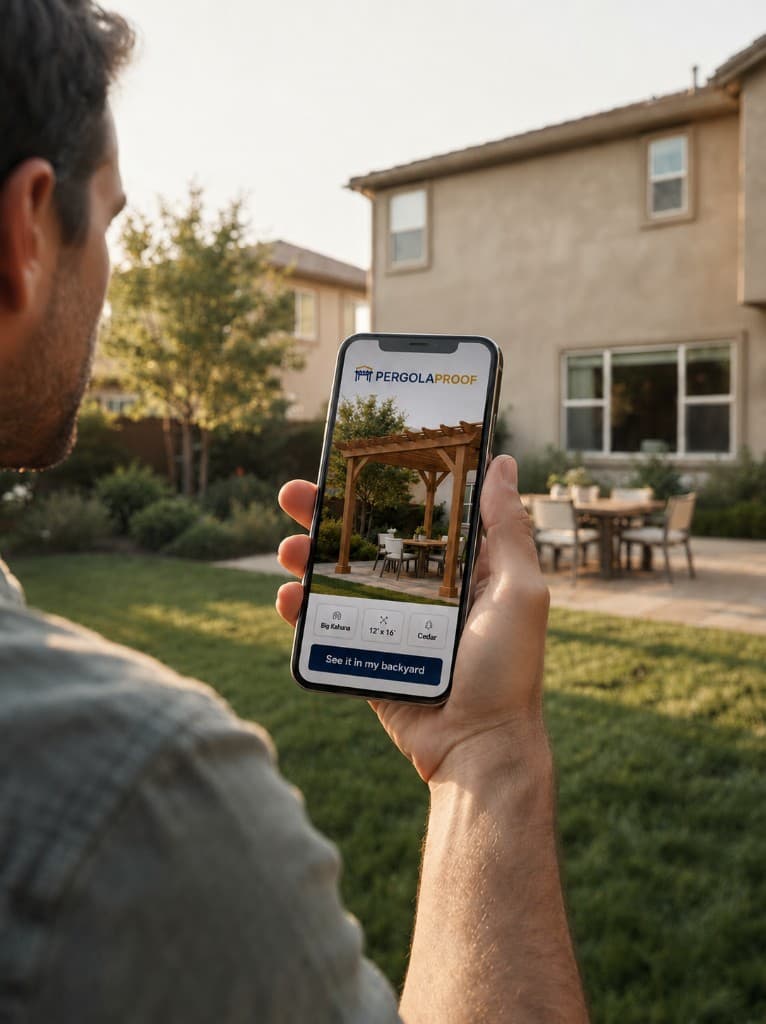 A homeowner previewing a cedar pergola on their phone, standing in their own backyard