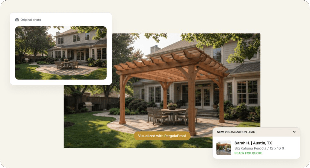 A before-and-after backyard render next to a new lead marked ready for quote