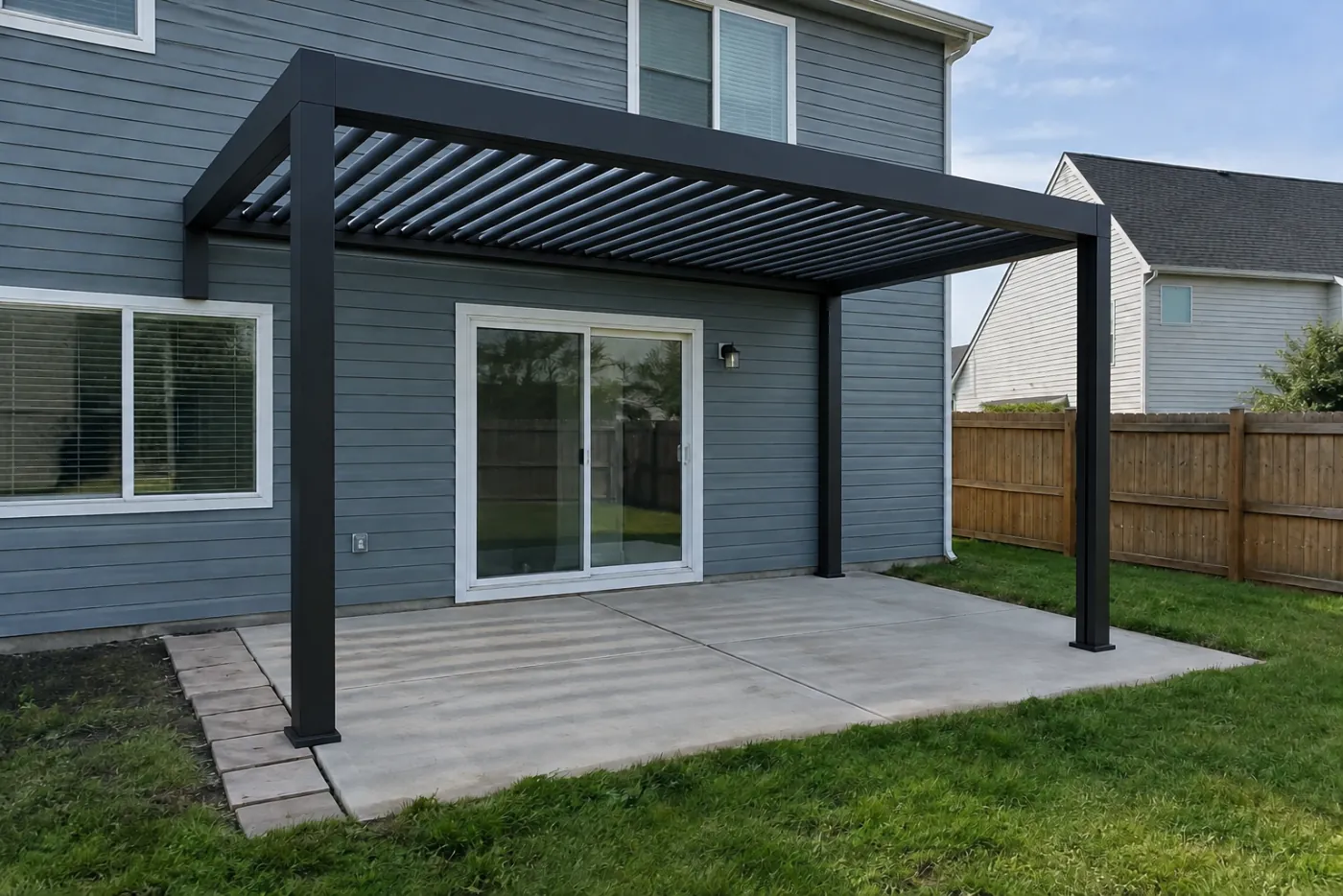 A black louvered pergola roof rendered over a homeowner's patio