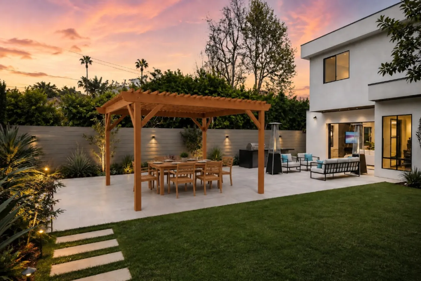 A cedar pergola rendered over a homeowner's backyard